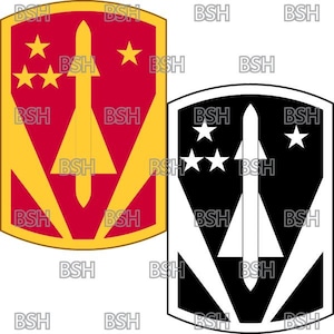 May include: A red and gold military unit patch with a stylized missile and five stars. The patch is on a white background.