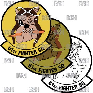 May include: A yellow and black 61st Fighter Squadron patch with a cartoon bulldog wearing aviator goggles and a lightning bolt. The bulldog is wearing a brown collar with a tag that says "61st Fighter SQ".