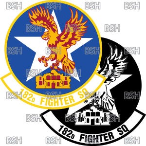 May include: A blue and white patch with a yellow eagle and a star. The eagle is holding a building in its talons. The text "182d Fighter Sq" is written in a yellow arc around the eagle and building. A black and white version of the patch is shown below the blue and white patch.