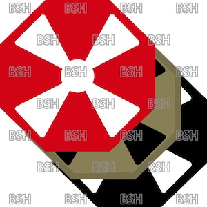 May include: A red octagon with a white four-pointed star in the center. The octagon is surrounded by a black and brown octagon.