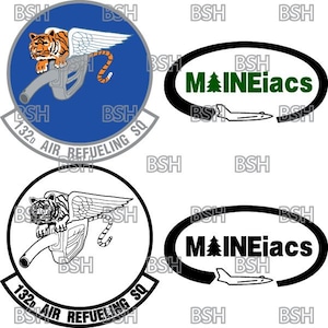 May include: A blue and silver circular patch with a tiger holding a petrol pump and the text "132nd Air Refueling SQ". A black and white version of the patch is also shown. Below the patches are two black ovals with the text "MAINEiacs" in green and white.