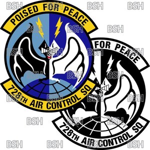 May include: A black and white emblem with a stylized bat design and the text "728th Air Control Sq" and "Poised for Peace".