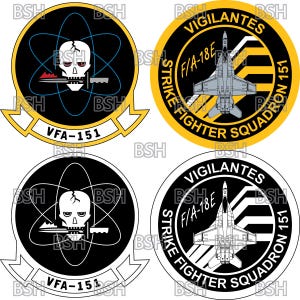 May include: Two black and yellow round patches with a skull and crossbones in the center. The top patch has the text "VIGILANTES STRIKE FIGHTER SQUADRON 151" and a jet fighter plane. The bottom patch has the text "VFA-151".
