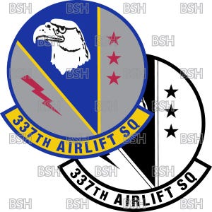 May include: A blue, yellow, and gray circle patch with a red lightning bolt, a white eagle, and three red stars. The text "337th Airlift SQ" is written in a yellow arc around the circle. A black and white circle patch with three black stars and the text "337th Airlift SQ" written in a black arc around the circle.