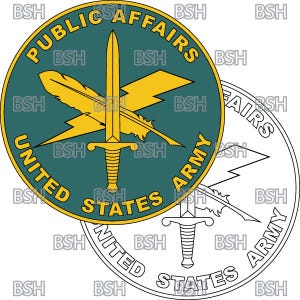 May include: A green circle with the words "United States Army" and "Public Affairs" around the edge. Inside the circle is a yellow lightning bolt, a yellow feather, and a silver sword. The words "United States Army" are repeated in a white circle around the green circle.