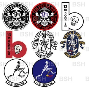 May include: A collection of nine circular and rectangular patches featuring military-themed graphics. Designs include skulls, skeletons holding scythes, and text such as THE DEVIL'S OWN, GRIM REAPERS, 13th BOMB SQ, and EST 1917 in black, white, red, and blue.