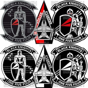 May include: A collection of military patches featuring the words "BLACK KNIGHTS" and "ONE FIVE FOUR". The patches include images of a knight, a jet fighter, and a shield with a red design. The color scheme is primarily black, white, and gray.