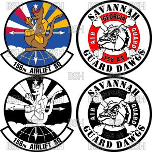 May include: Four circular patches featuring military-themed designs. Two patches display a kangaroo with packages, the text "158th Airlift SQ". The other two patches feature a bulldog with the text "Savannah Georgia Air Guard 158 AS Guard Dawgs".