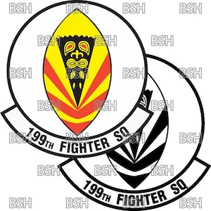 May include: A black and white circular patch with the text "199th Fighter SQ" and a stylized black and white design. The patch is layered over a similar patch with a yellow and red design and the text "199th Fighter SQ".