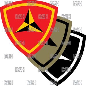 May include: A red, yellow, and black military patch with a three-pointed star in the center. The patch is shaped like a shield with a yellow border.