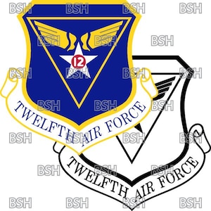 May include: A blue and gold shield with a white star and the number 12 in a red circle. The shield is surrounded by a white ribbon with the text "Twelfth Air Force".