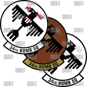 May include: Three white circles with black outlines and black and white stylised images of a bird with lightning bolts. The circles have the text "34th BOMB SQ" in black.