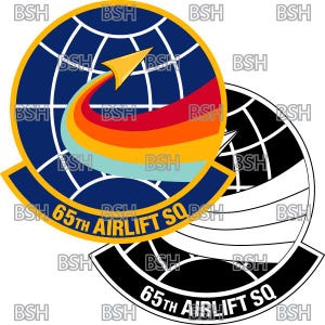 May include: A blue and white globe with a rainbow-coloured arrow pointing to the right. The globe is surrounded by a yellow circle with the text "65th AIRLIFT SQ" in black letters.