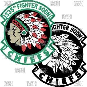 May include: Black and green circular patch with the text "335th Fighter Squadron Chiefs" and a stylized Native American headdress. The headdress is red, white, and black.
