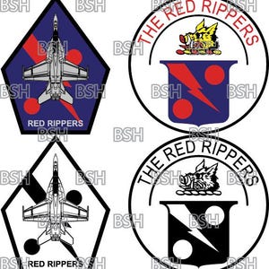 May include: Four different versions of a squadron patch. The patch is blue and white with a red lightning bolt and two red circles. The patch also features a yellow cartoon boar with a red tongue. The text "The Red Rippers" is written in a red arc around the patch. The patch also features a white silhouette of a fighter jet.