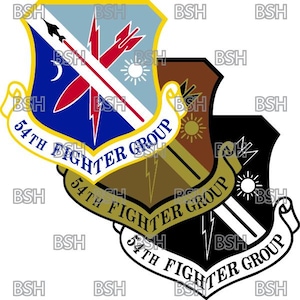 May include: A black and white emblem with a blue, red, and white shield. The shield has a lightning bolt, a crescent moon, and a red arrow. The text "54th Fighter Group" is written on the shield. The emblem is surrounded by a black and white banner with the text "54th Fighter Group" written on it.