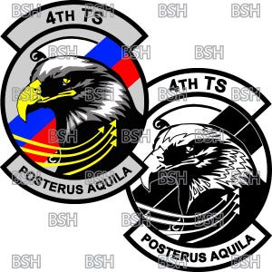 Puede incluir: Dos emblemas de águila en blanco y negro con el texto "4TH TS POSTERUS AQUILA". El águila de la izquierda tiene un fondo rojo, blanco y azul con acentos amarillos. El águila de la derecha tiene un fondo blanco y negro.