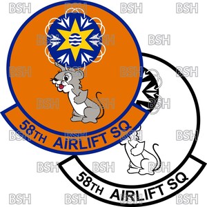 May include: A circular emblem with an orange background and a blue border. The emblem features a cartoon mouse holding a star with a blue and white design. The text "58th AIRLIFT SQ" is written in blue letters around the edge of the emblem.