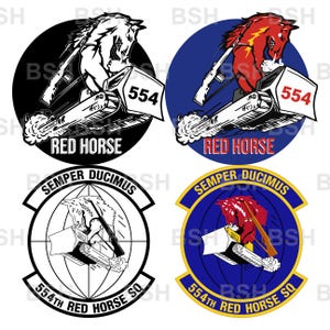 May include: Four circular emblems featuring a red horse operating a bulldozer with a rifle strapped to its back. Two designs include the text 554 and RED HORSE, while the other two feature the text SEMPER DUCIMUS and 554TH RED HORSE SQ.