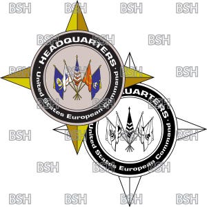 May include: A black and white circular seal with the text "Headquarters, United States European Command" and a compass rose with four points. The seal is surrounded by a gold star.