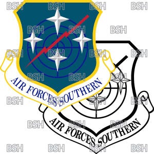 May include: A blue and yellow shield with a white star and lightning bolt design. The shield is surrounded by a white scroll with the text "Air Forces Southern".