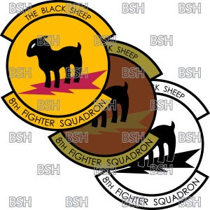May include: Three circular patches with a black sheep silhouette and lightning bolt design. The patches are yellow, brown, and white with black text that reads "The Black Sheep" and "8th Fighter Squadron".