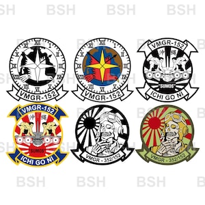 May include: Six circular embroidered patches featuring military-style designs. Designs include clock faces, a bird, sumo wrestlers with a plane, and skeletons in flight gear. Text includes VMGR-152, SUMOS, and ICHI GO NI. The patches are black, white, red, blue, and tan.