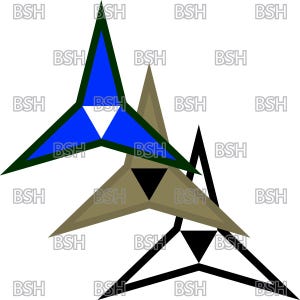 May include: Three overlapping triangles, one blue with a white triangle inside, one brown with a black triangle inside, and one black with a white triangle inside.