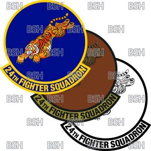 May include: Three versions of a round patch with a yellow border and a blue center. The patch features a tiger leaping in the air and the text "24th Fighter Squadron".