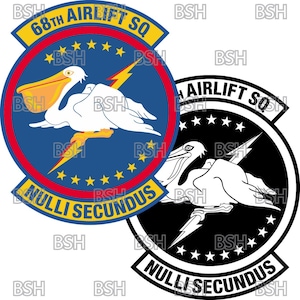 May include: A blue and red circle with a white pelican and lightning bolt. The text "68th AIRLIFT SQ" and "NULLI SECUNDUS" are written around the circle. A black and white version of the same image is shown to the right.