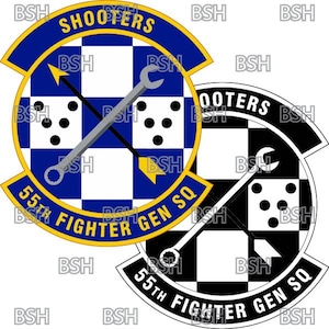 May include: A blue and yellow patch with a checkerboard pattern and a wrench and arrow design. The text "SHOOTERS" and "55TH FIGHTER GEN SQ" are on the patch.