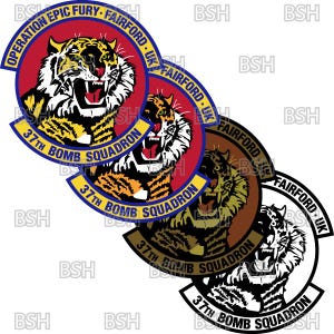 May include: Four circular embroidered patches featuring a snarling tiger head. The text reads Operation Epic Fury, Fairford, UK, and 37th Bomb Squadron. The patches are displayed in red, blue, brown, and black and white colour variations.