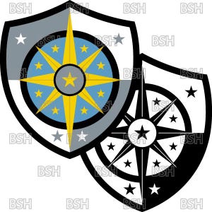 May include: Two shield-shaped emblems. One is grey, blue, and yellow, featuring a compass rose design with stars. The other is black and white, with a similar compass rose and star accents. The text "BSH" is repeated around the edges.