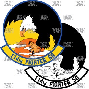 May include: A black and white illustration of a bald eagle with its talons extended, set against a yellow and orange sunset. The eagle is perched on a cloud with a blue and white circle around it. The text "114th Fighter SQ" is written in a blue and white arc below the eagle.
