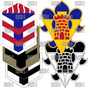 May include: A black and white military unit patch with a red, white, and blue shield with a flame design. The patch is layered on top of a tan patch with a black cross. The patch is next to a yellow and blue military unit patch with a red castle design.