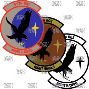 May include: Three versions of a military unit patch with a hawk silhouette, a star, and the text "55th RQS NIGHT HAWKS". The patches are in blue, brown, and white.