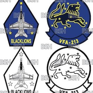 May include: Two versions of a squadron patch for the US Navy's VFA-213 Blacklions. The top left patch features a blue background with a yellow lion and stars. The bottom left patch features a white background with a black lion and stars. The top right patch features a blue background with a white jet fighter and stars. The bottom right patch features a white background with a black jet fighter and stars.