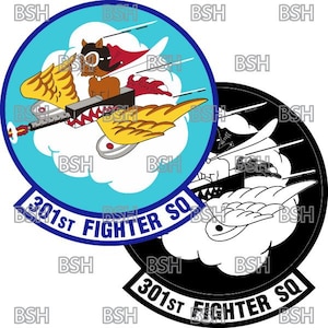 May include: A blue and white circular patch with a cartoon cat flying a plane. The text "301st Fighter SQ" is written in a blue arc around the cat. A black and white version of the patch is shown below.