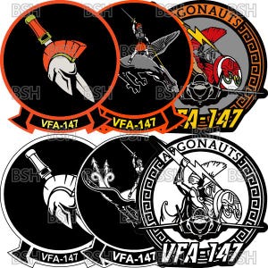 May include: A collection of circular patches featuring military-themed designs. The patches include illustrations of a Spartan helmet, a warrior riding a mythical creature, and a warrior with a lightning bolt. The text "VFA-147" is visible on several patches.