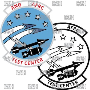 以下が含まれることがあります： 青と白のパッチで、ミサイルのスタイリッシュな画像と「ANG BAFRC TEST CENTER」のテキストが書かれています。