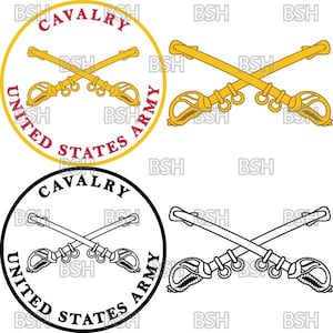 Puede incluir: Una colección de diseños de insignias de la Caballería del Ejército de los Estados Unidos. Los diseños incluyen sables cruzados, un emblema circular con texto y una versión en blanco y negro. El texto dice "CAVALRY" y "UNITED STATES ARMY".