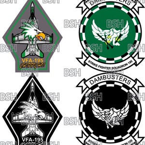 May include: Two black and white patches with the text "DAMBUSTERS" and "STRIKE FIGHTER SQUADRON 195" and a white eagle with wings spread. Two gray and green patches with the text "DAMBUSTERS" and "STRIKE FIGHTER SQUADRON 195" and a green eagle with wings spread. All patches have a fighter jet in the center.