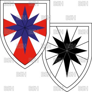 May include: Two shield-shaped emblems. One features a red and white background with a blue starburst design. The other is a black starburst on a white background. The text "BSH" is repeated around the edges of the shields.