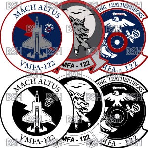 May include: Four round patches with a black and white design and a red, white, and blue design. The patches feature a fighter jet, a wolf, an eagle, and an anchor. The text "MACH ALTUS" and "VMFA-122" are on the patches.