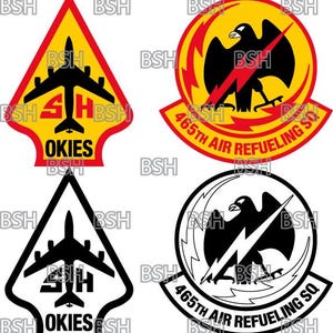 Op de afbeelding: Twee versies van een militair eenheidspatch, een in kleur en een in zwart-wit. De patch heeft een gele en rode cirkel met een zwarte adelaar en een bliksem. De tekst "465th Air Refueling Sq" staat rond de cirkel. De andere patch is een zwart-witversie van hetzelfde ontwerp.