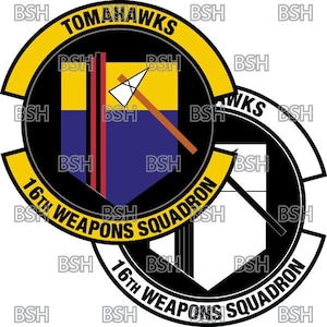 Puede incluir: Un parche circular negro y amarillo con el texto "Tomahawks" y "16th Weapons Squadron" en blanco. El parche presenta un escudo azul y amarillo con un hacha roja y negra.