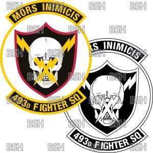 May include: A black and white emblem with a skull and lightning bolts. The text "MORS INIMICIS" is written in a circle around the skull. The text "493D FIGHTER SQ" is written in a yellow banner below the skull.