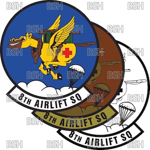 May include: A blue, white, and brown circular patch with a yellow winged horse carrying a red cross and the text "8th Airlift SQ" repeated three times.