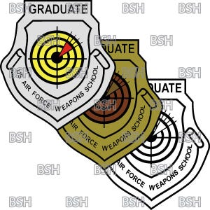 May include: Three silver, gold, and white patches with a target design and the text "US Air Force Weapons School Graduate".