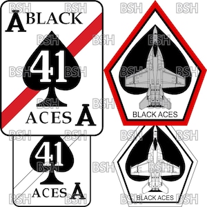 May include: Two black and white patches with a black spade and a fighter jet. The top patch has a red diagonal stripe and the text "BLACK ACES 41". The bottom patch has the text "BLACK ACES 41".